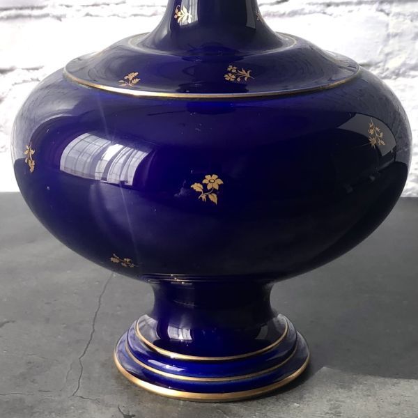  Франция SEVRES соболь klau dead голубой кобальт основа ваза золотой . золотая краска маленький цветок цветок керамика темно-синий античный 10154