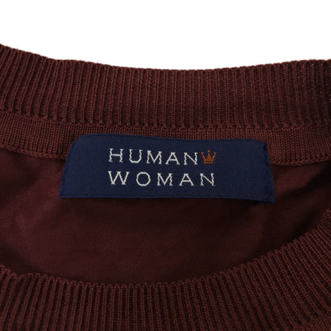 ヒューマンウーマン HUMAN WOMAN Tシャツ カットソー プルオーバー クルーネック 無地 五分袖 M 赤 エンジ レッド レディース_画像5