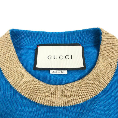 グッチ GUCCI ミケーレ期 472444 X5S94 ニット 長袖 XXV ハート 剣 パッチ 刺繍 ビジュー パール カシミヤ混 S 青 金 赤 レディース_画像3