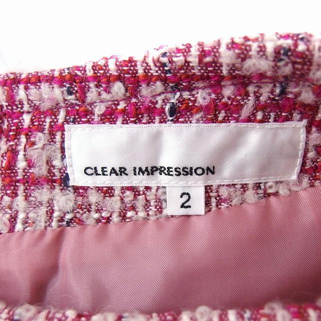 クリアインプレッション CLEAR IMPRESSION フレアスカート ミニ ツイード フリンジ 2 ピンク /FT33 レディース_画像3