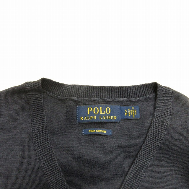 極美品 ポロ ラルフローレン POLO RALPH LAUREN ニット ベスト ノースリーブ セーター ポニー ロゴ 刺繍 ピマコットン S  ネイビー メンズ