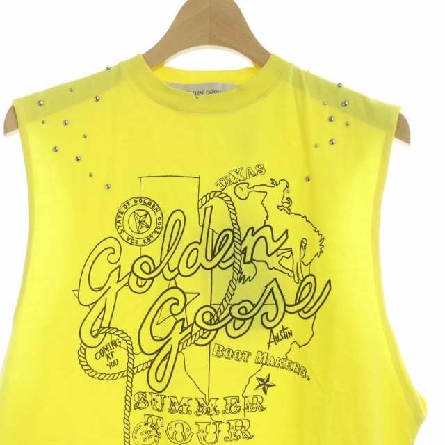 ゴールデングース GOLDEN GOOSE N/S TOPS スタッズ USED加工 ノースリーブ トップス Tシャツ カットソー プリント XS 黄色_画像4