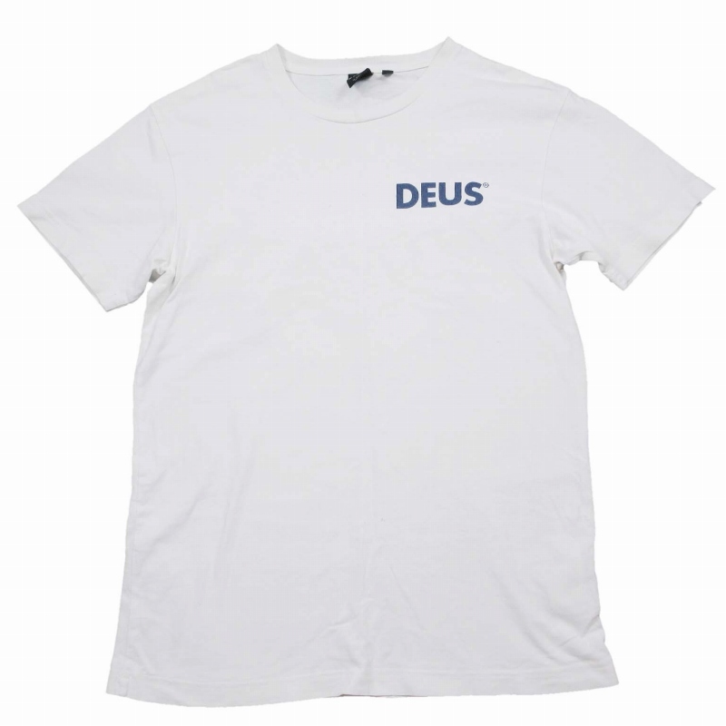 一流の品質 トップス カットソー Tシャツ プリント ロゴ MACHINA EX DEUS デウスエクスマキナ 美品 半袖 ホワイト 白 サイズM JMS71149B コットン 文字、ロゴ