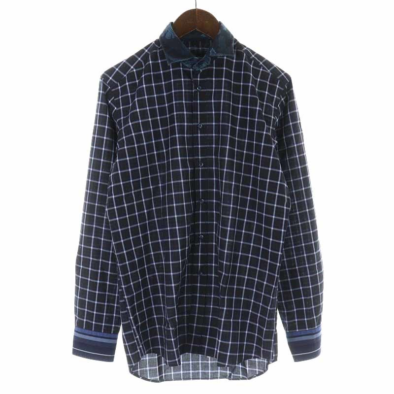  Etro ETRO casual shirt cotton check peiz Lee pattern long sleeve 38 M navy blue navy /YI25 men's 