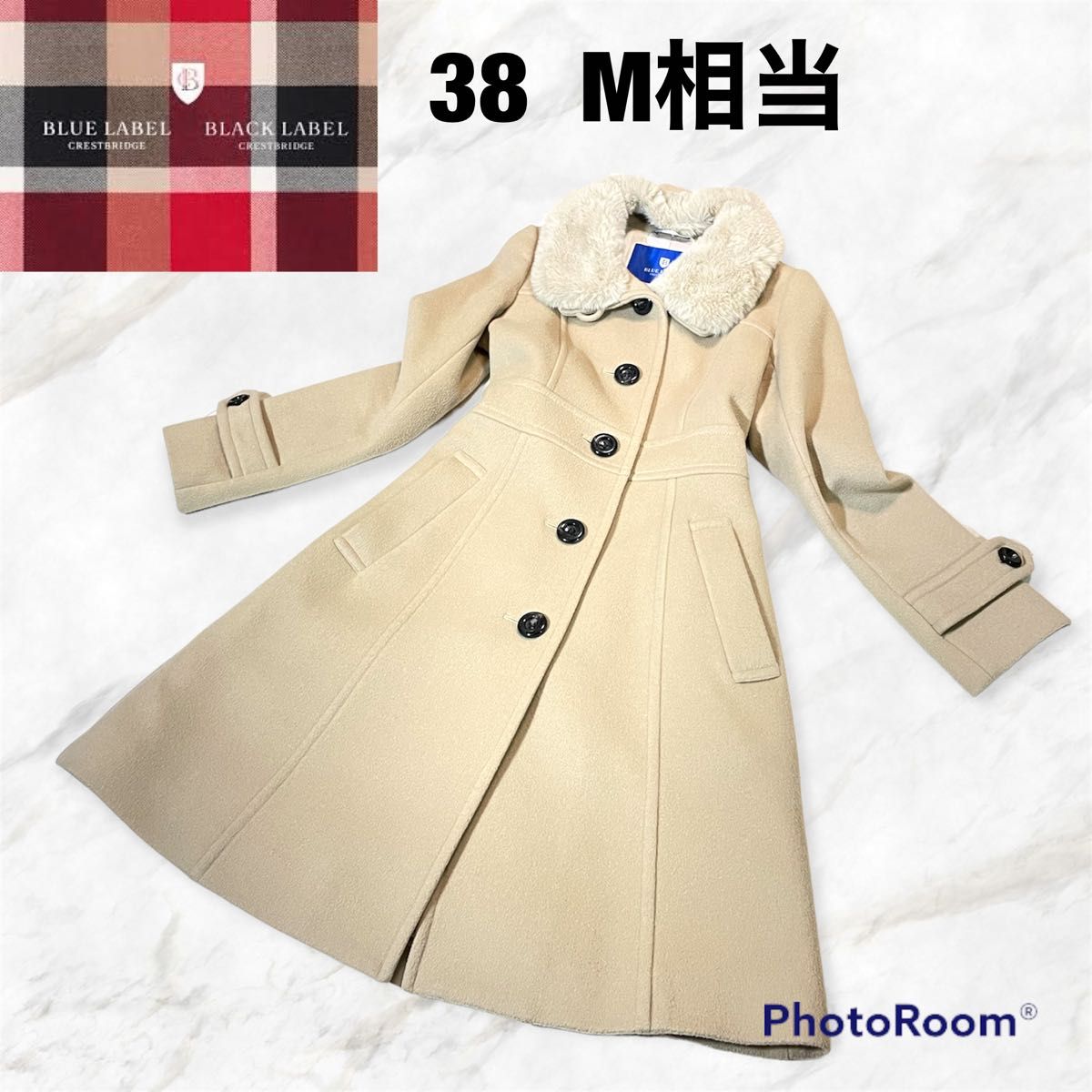 極美品 ブルーレーベルクレストブリッジ スタンドカラー M ノバチェック 韓国 ロングコート ファーコート 裏地