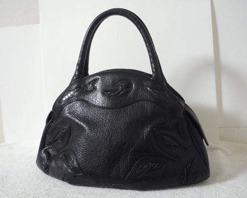 良品　ローズマリー　ROSEMARY　レザー　ブラック　黒　葉柄パッチワーク　ハンドバッグ　レディース