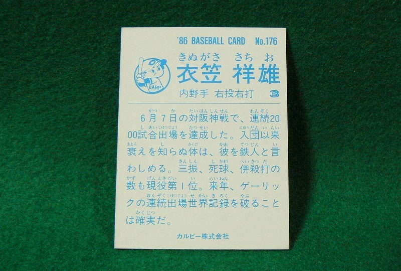 ★衣笠祥雄★カルビー No.176★プロ野球カード★広島★カープ★ミニカード★昭和レトロ★1986年★当時物★