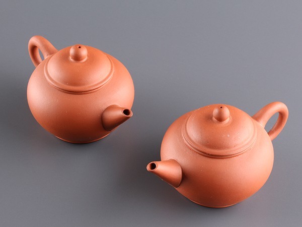 煎茶道具 八十年代宜興 周錫華造 梨型朱泥壷急須 紫砂壷 3客セット