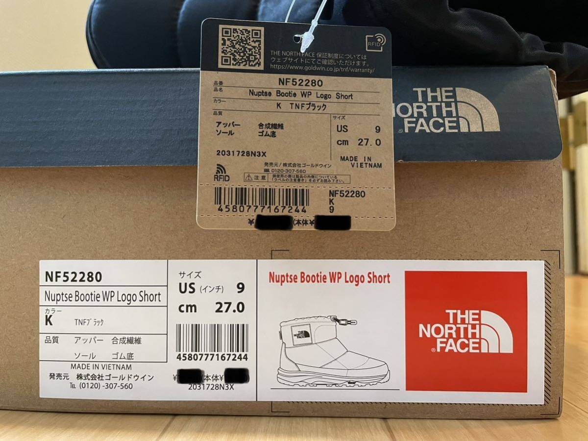 27cm THE NORTH FACE Nuptse Bootie WP Logo Short K ノースフェイス ブーツ ヌプシブーティ ウォータープルーフ ショート 黒 NF52280