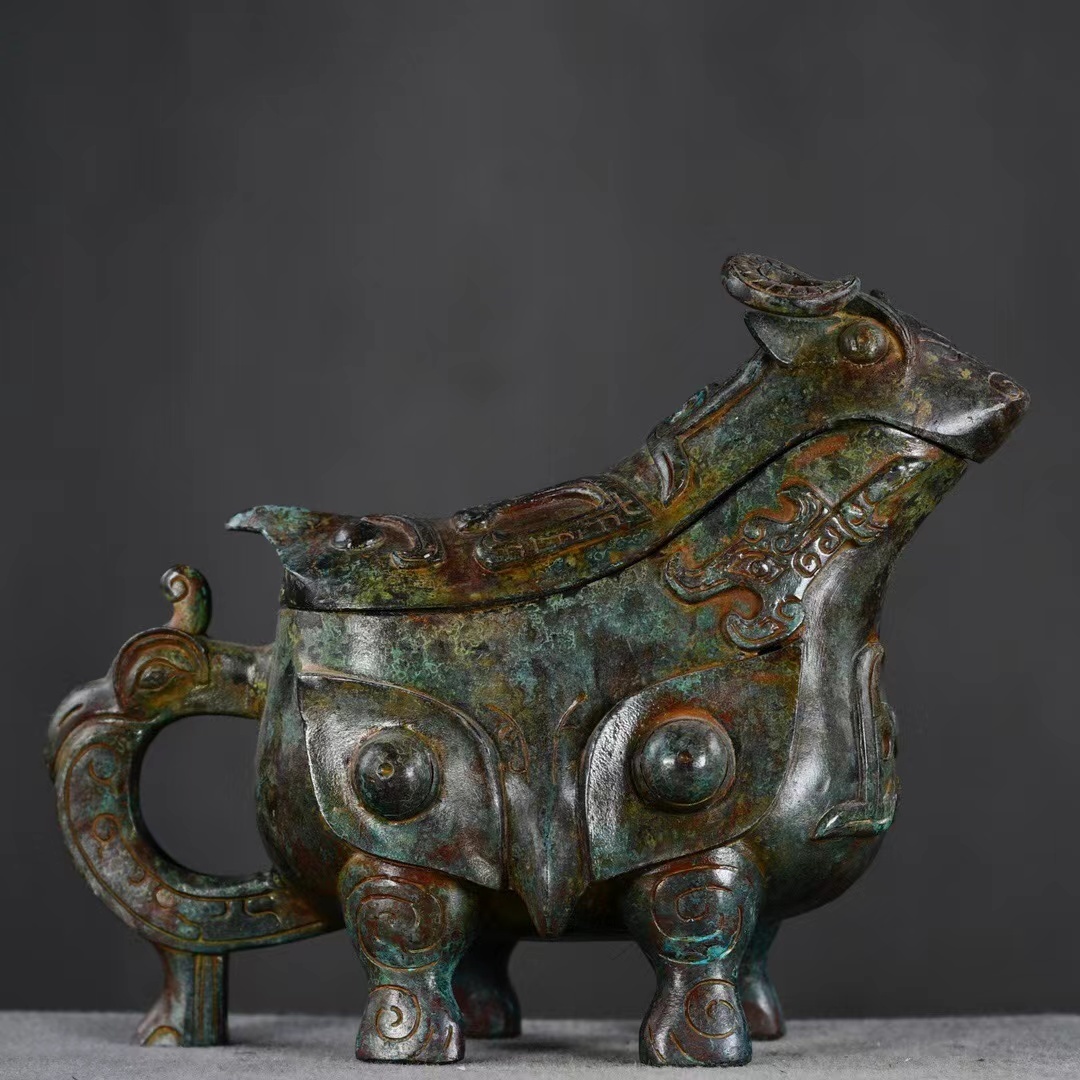 ◆旧蔵◆古美術 中国古玩 西周時期 古銅製 青銅器 銘文獸面山羊尊 置物 擺件 古賞物 時代物 AT17
