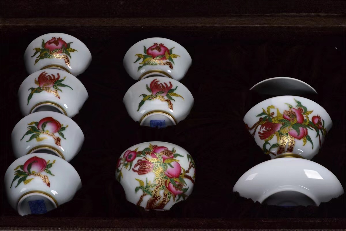 ◆旧蔵◆古美術 中国古玩 大清雍正年製款 粉彩 描金 多子 多福 多壽茶具一組 時代物 A35