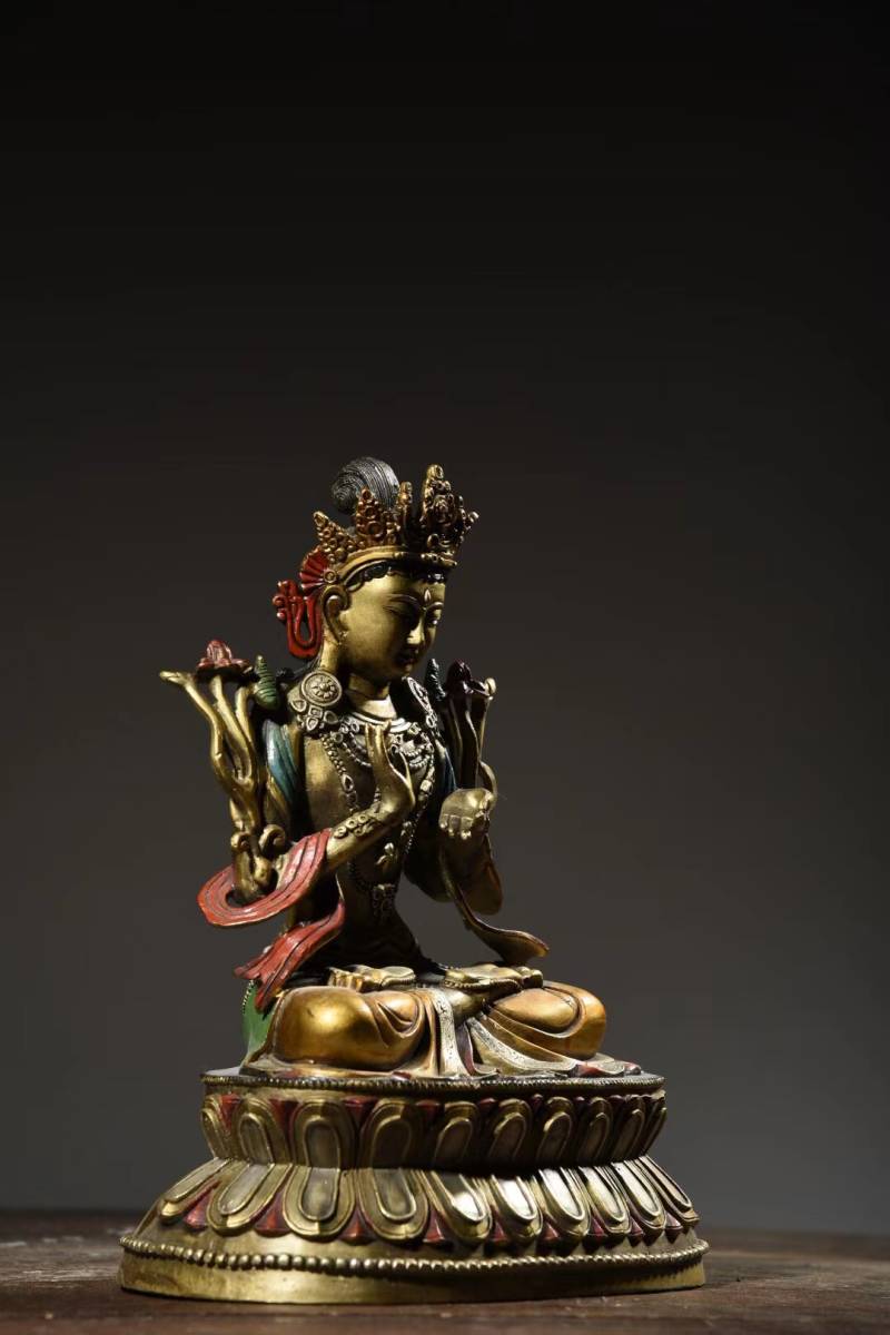◇旧蔵◇古美術 中国古玩 明代 古銅制 銅塗金 彩絵四臂蓮花観音菩薩仏 ...
