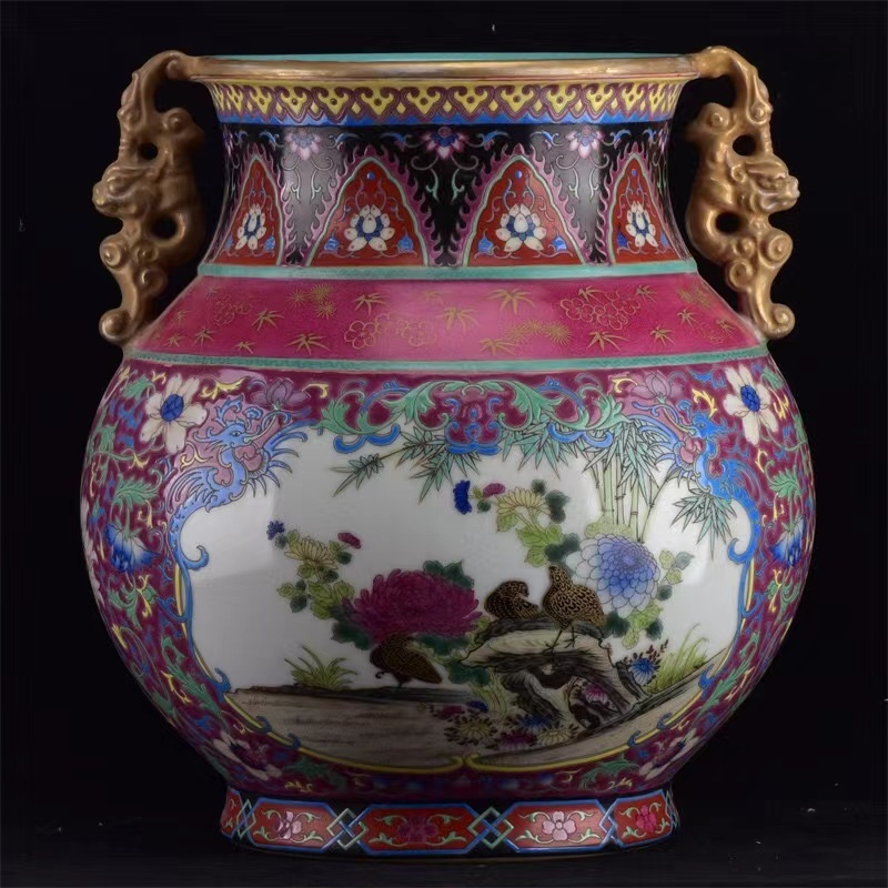 ◆旧蔵◆古美術 中国古玩 大清雍正年製款　琺瑯彩　描金花卉花鳥紋双耳尊瓶　時代物　A35