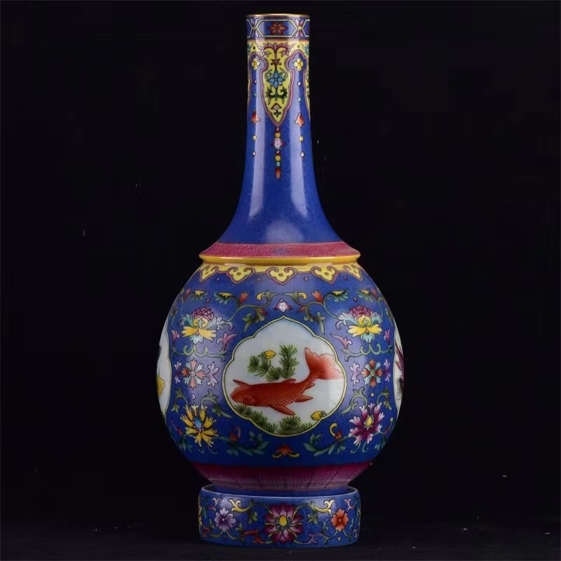 ◆旧蔵◆古美術 中国古玩 大清康熙年製款　祭藍釉　描金　纏枝蓮爬花魚紋轉心瓶　時代物　A35_画像10