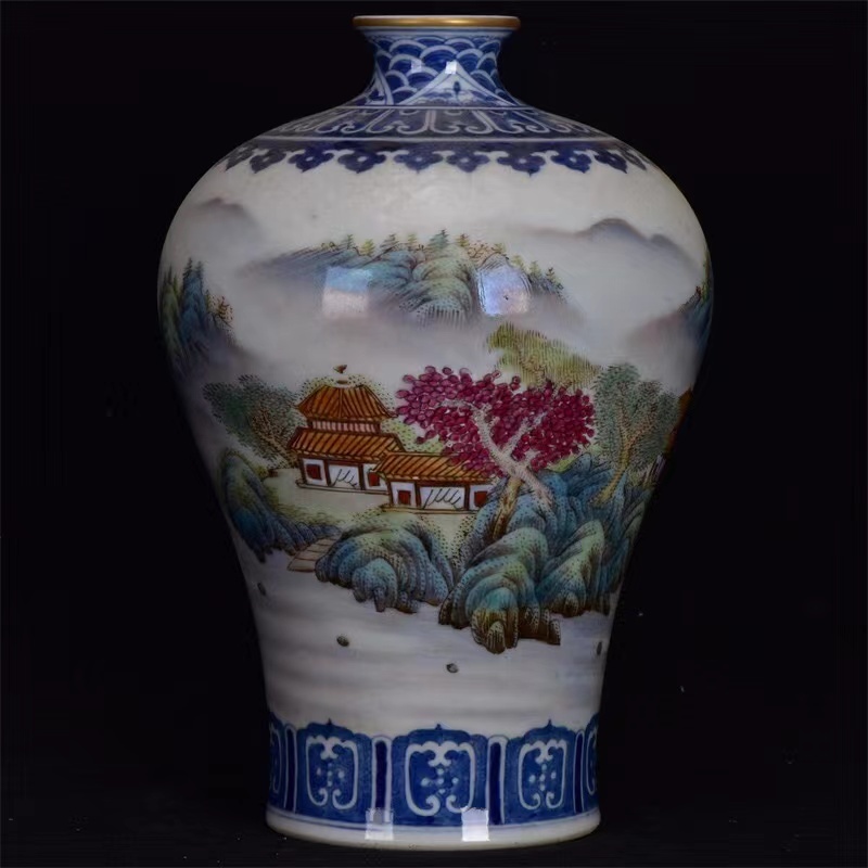 ◆旧蔵◆古美術 中国古玩 大清乾隆年製款 粉彩　描金　山水楼閣図梅瓶　時代物 A35