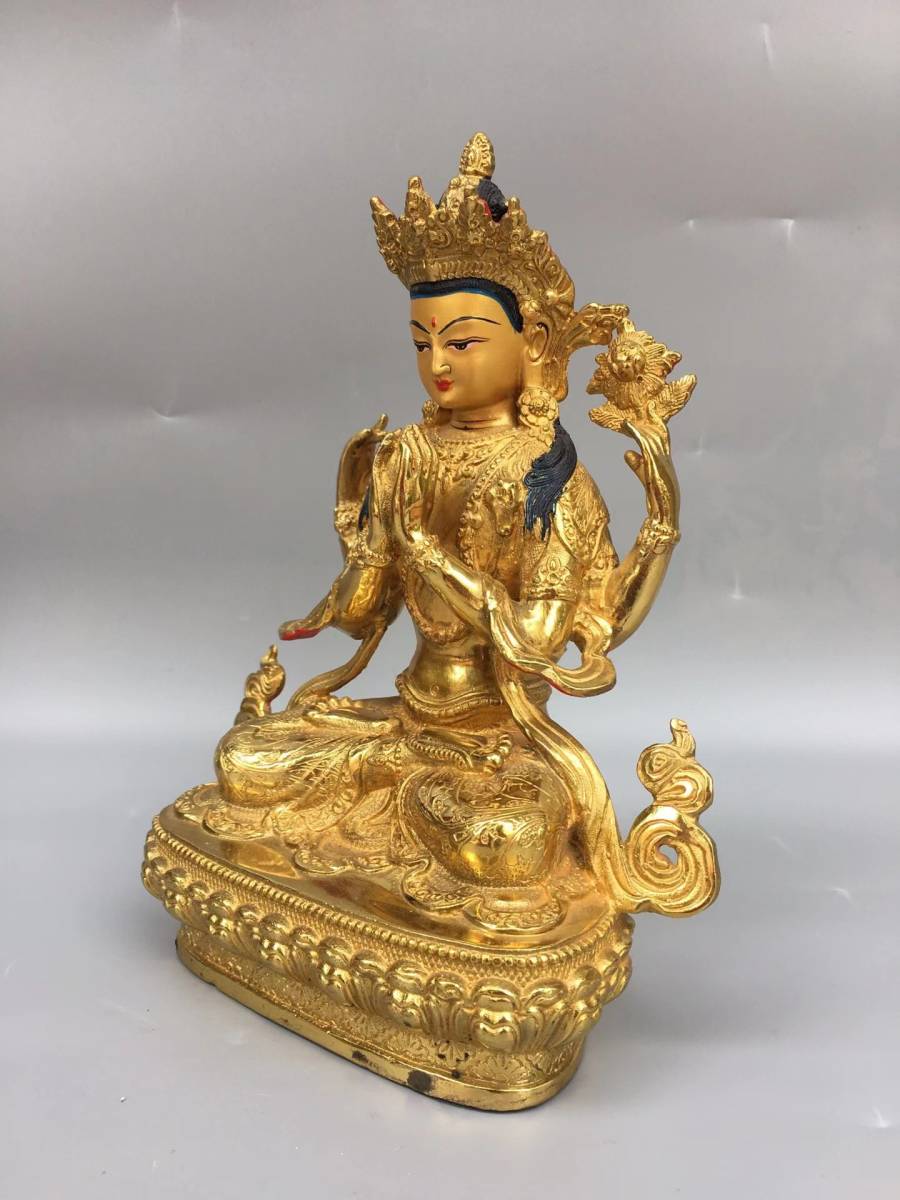 ◇旧蔵◇古美術 中国古玩 明代 古銅制 銅塗金 彩絵四臂蓮花観音菩薩仏 ...