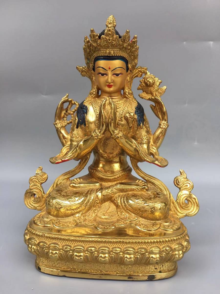 ◇旧蔵◇古美術 中国古玩 明代 古銅制 銅塗金 彩絵四臂蓮花観音菩薩仏 ...