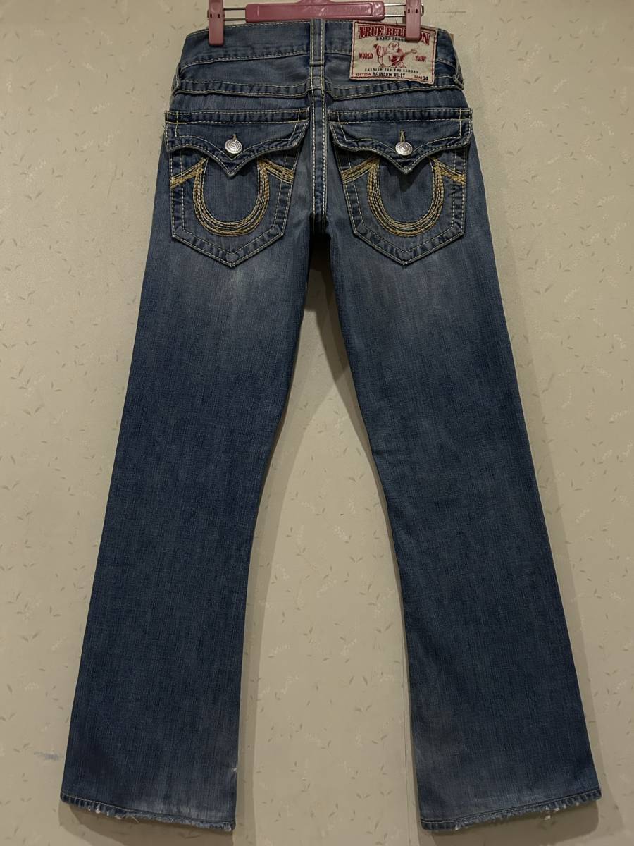 ※TRUE RELIGION トゥルーレリジョン RAINBOW BILLY イエローレインボーダメージ＆リペア加工 デニムパンツ インディゴ 米国製 28 BJBB.AB