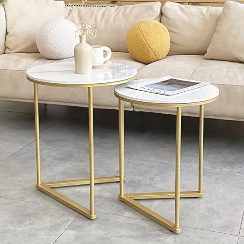 ◆送料無料 UNHO ネストテーブル 丸 大理石天板×ゴールド脚 サイドテーブル 2個セット センターテーブル ホワイト 円形 丸テーブル