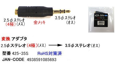 2.5mmステレオ(4極:メス)→3.5mmステレオ(オス)変換アダプタ(3A-425-35S)_画像1
