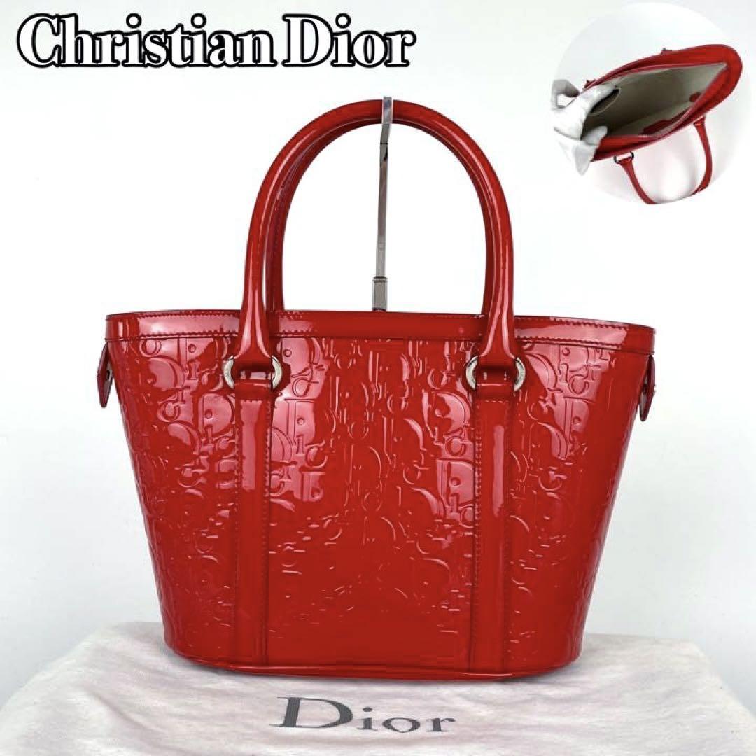 【極美品】Christian Dior ディオール ハンドバッグ アルティメイト トロッター トートバッグ エンボス加工 総柄 パテントレザー 赤 レッド