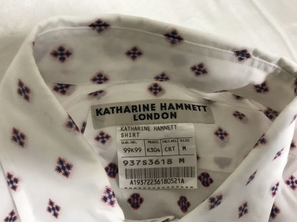 美品本物キャサリンハムネットロンドンKATHARINEHAMNETTLONDONコットン柄半袖シャツメンズアメカジサーフビジネススーツ白ホワイトM日本製_画像4