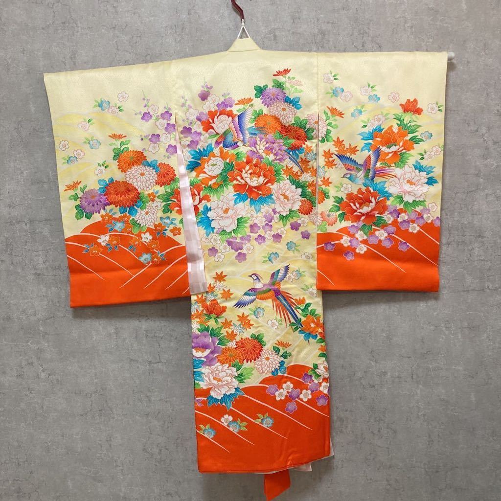 美品】 美品 女の子 花柄 着物 黄色 イエロー 七五三 牡丹 鳥 菊 豪華