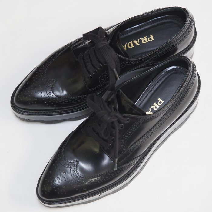 PRADA プラダ レザー 厚底 ウイングチップ ローファー ドレス シューズ 36 黒 ブラック ヒール約6cm [50729]_画像9