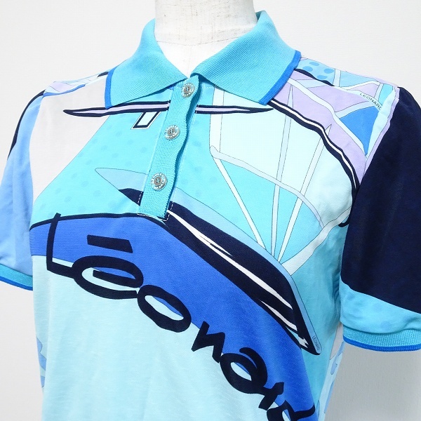 #spc レオナールスポーツ LEONARD SPORT ポロシャツ 38 水色 青 半袖 ドット 幾何学模様 ロゴ レディース [746825]_画像3