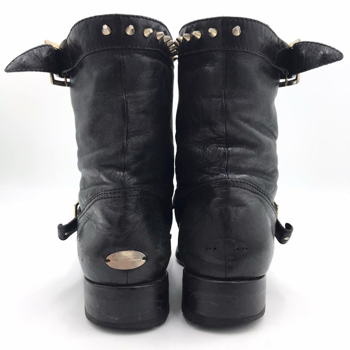 JIMMY CHOO ジミーチュウ エンジニアブーツ 黒 ブラック レザー 本革 ゴールド金具 スタッズ 23.5cm相当