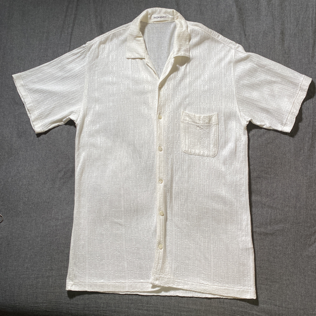  free shipping YSL Yves Saint-Laurent total pattern long short sleeves shirt white 