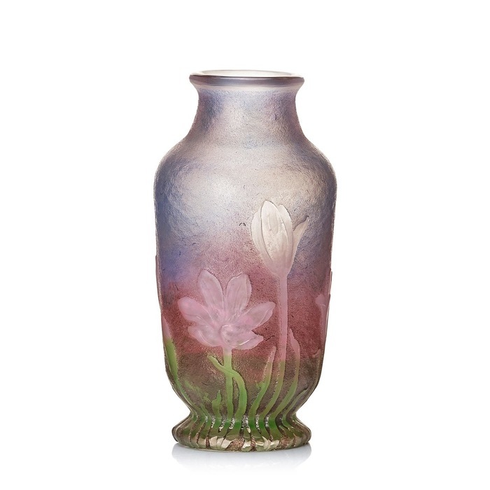 ドームナンシー　クロッカスの花が描かれたアンティークガラス花瓶　本物