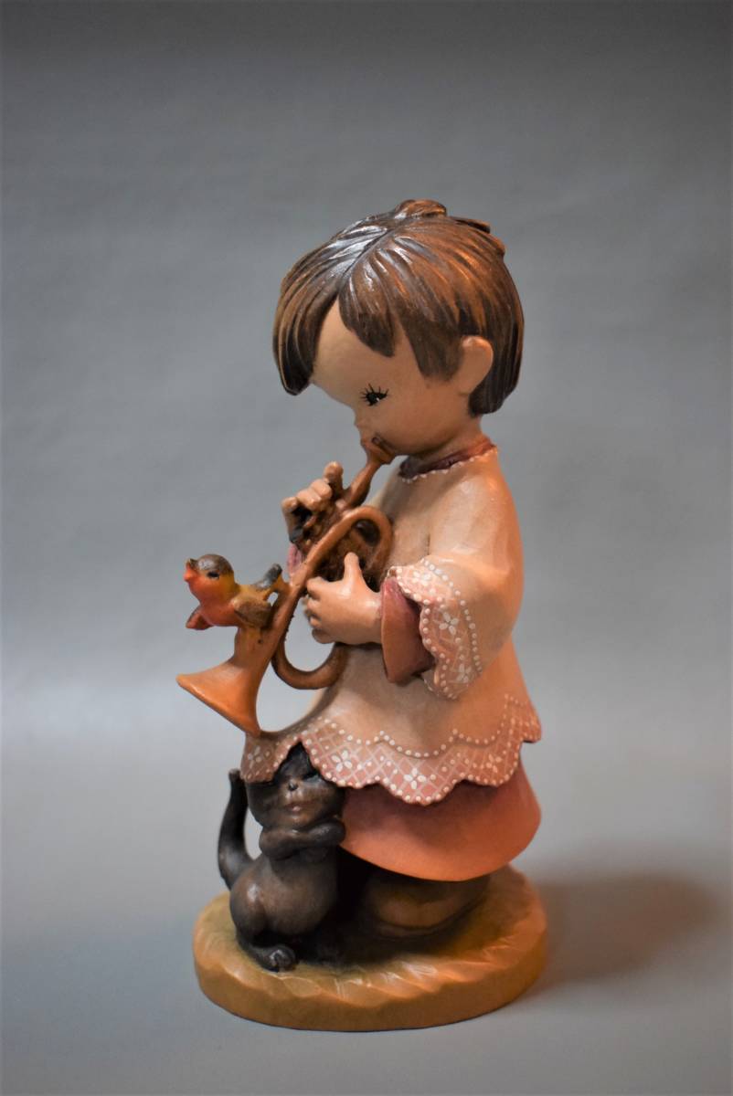 ANRI Ferrandiz アンリ ホアン・フェランディス 木製 木彫り 人形 トランペット ネコ 小鳥 置物 オブジェ 飾り メダル刻印_画像1