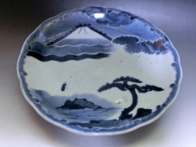 大皿□富士山松(江戸後期～明治期)染付山水伊万里古美術時代物骨董品
