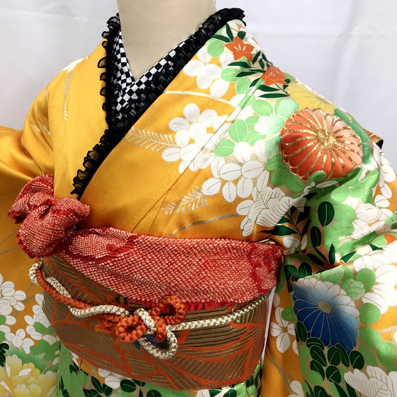 212aj22□ジュニア振袖&袋帯 十三参り 初釜 節句 金駒刺繍□状態良好-