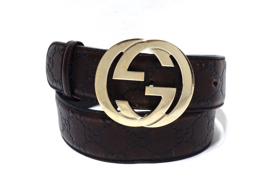 nm-196) GUCCI シグネチャー レザーベルト インターロッキングG-