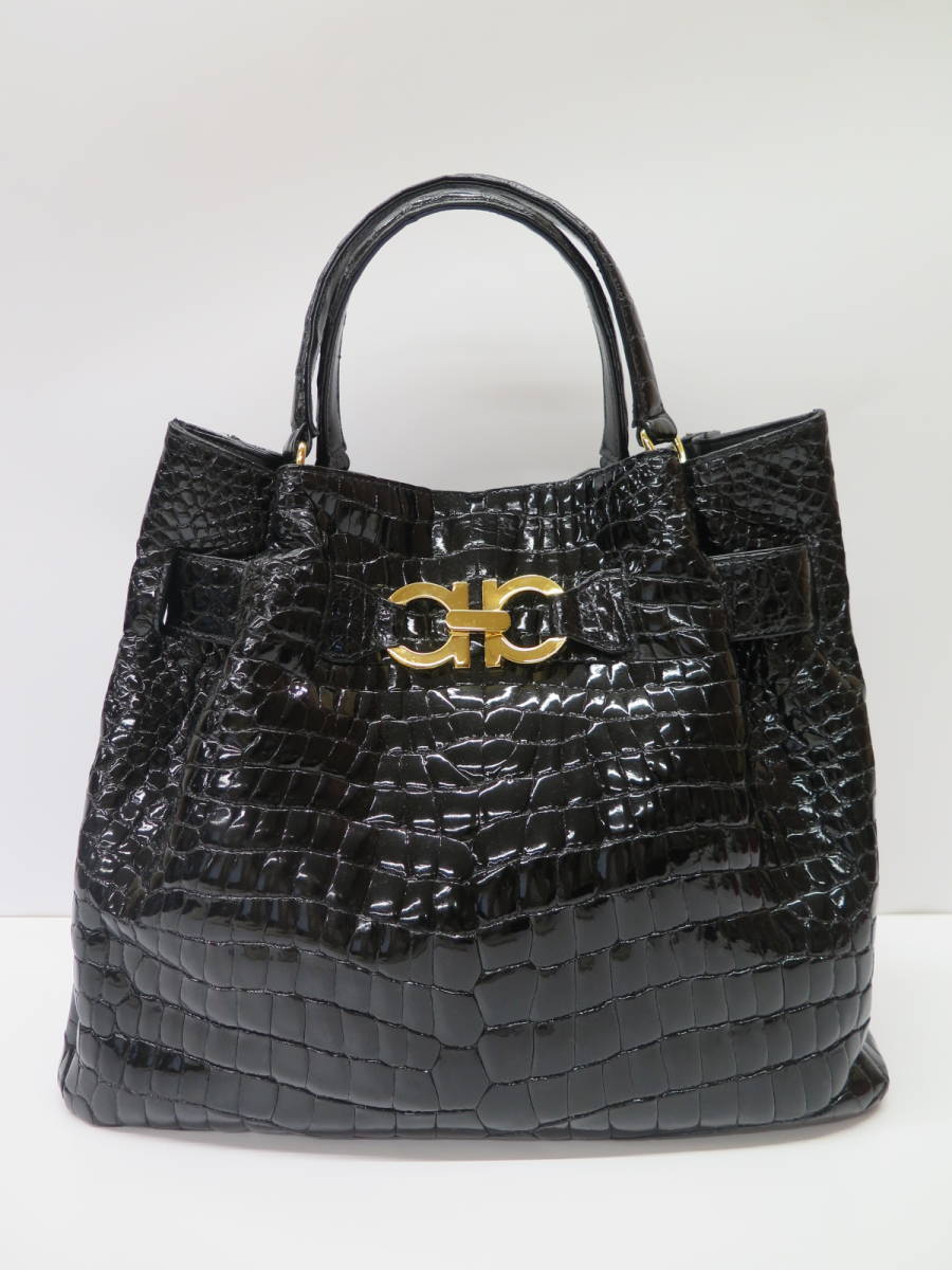 美品　クロコダイル　ハンドバッグ　 黒/ブラック　JRA　crocodile leather　エキゾチックレザー