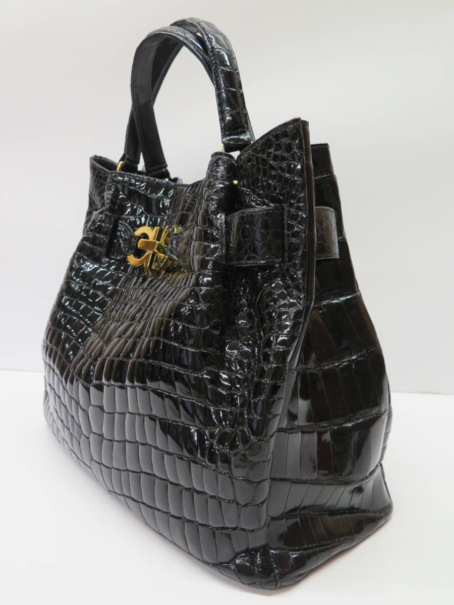  прекрасный товар крокодил ручная сумочка чёрный / черный JRA crocodile leather экзотический кожа 