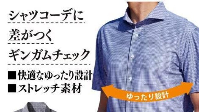 Lサイズ！高貴紳士的テレワークに最適！形態安定！チェック柄！ストレッチ半袖シャツ！(カッタウエイ)お腹ゆったり！新品！ブルー系色合い_画像1