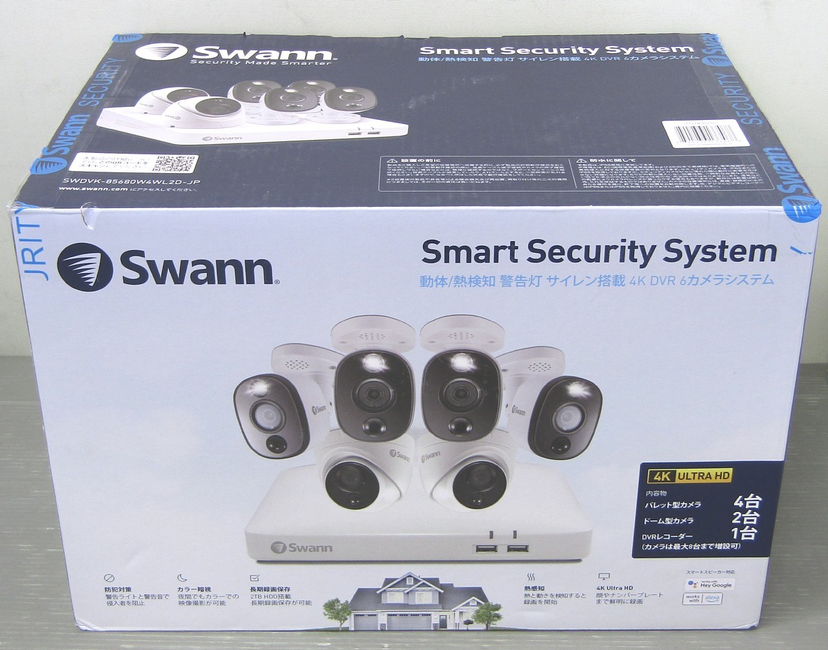 新品開梱品 4K セキュリティシステム Swann SWDVK-85680W4WL2D-JP カメラ6個(バレット型×4 ドーム型×2 2TB HDD 8chレコーダー 防犯カメラ