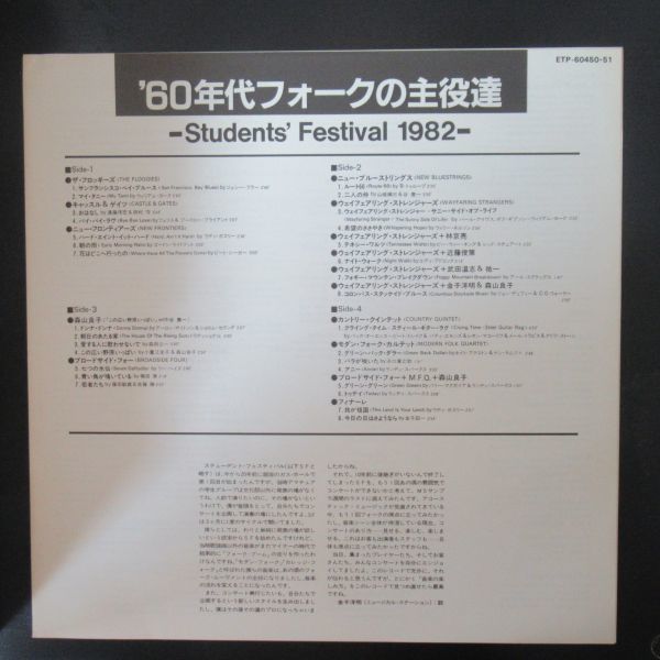 和モノ LP/見本盤・白ラベル/2枚組/見開きジャケット/ライナー付き美盤/’60年代フォーク/STUDENTS' FESTIVAL 1982/森山良子/Z-8883_画像5