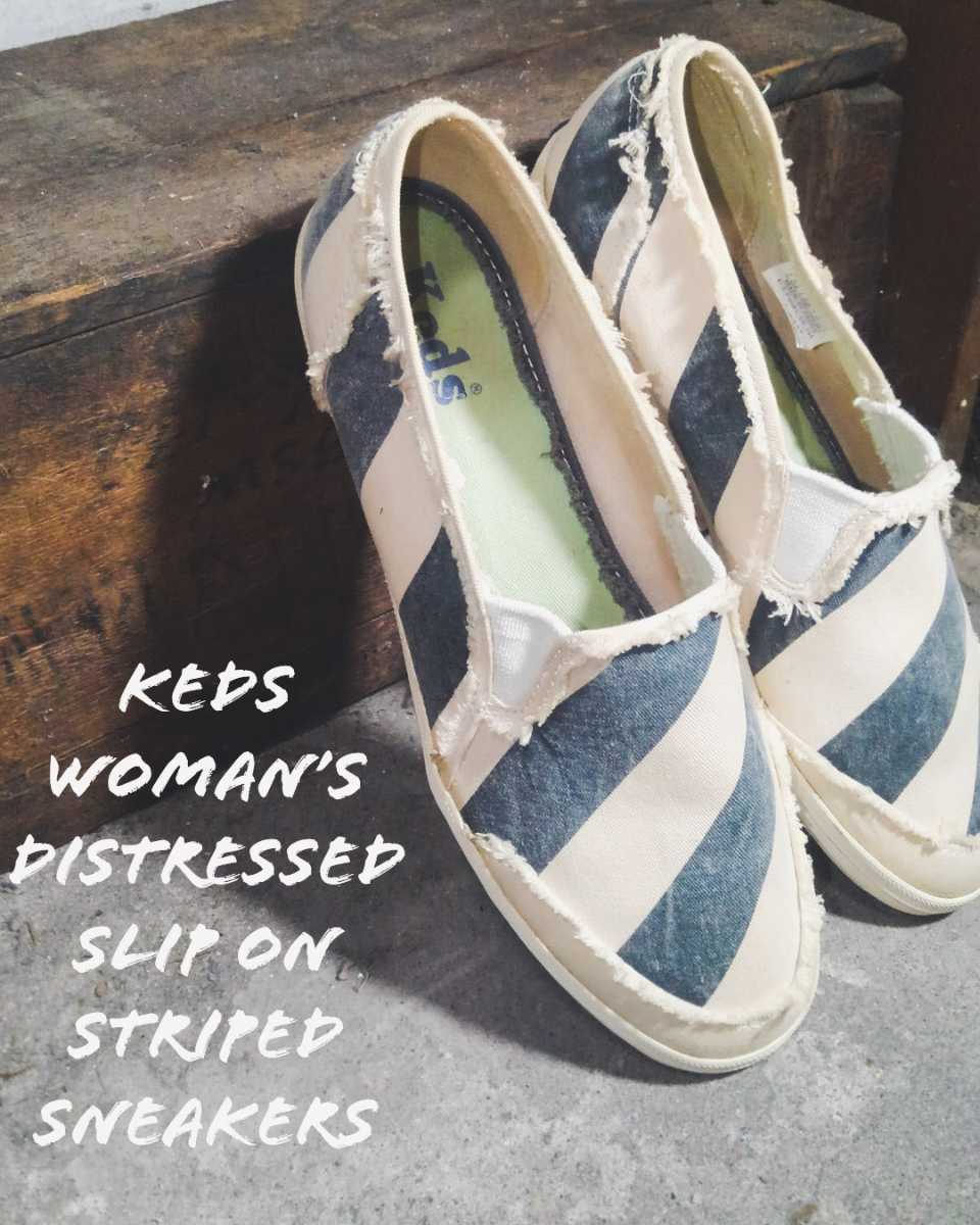 Keds womans distressed slip on striped sneakers 00s レディース ケッズ ダメージ加工 ストライプ スリッポン ビンテージ エスパドリーユ_画像1