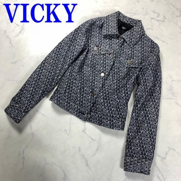 VICKY ビッキー ウールジャケット ロゴ 総柄 ブラック 1 C3992_画像1