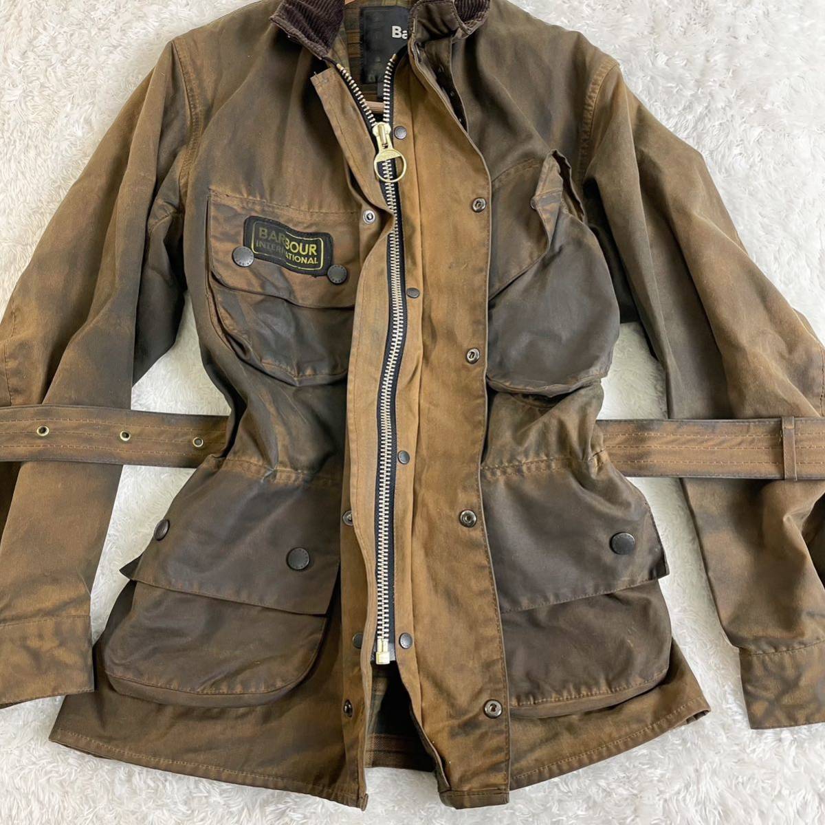 バブアー　オイルドジャケット　ベルト ブラウン　ピンバッチ　C36/91cm Sサイズ　Barbour 4つポケット　英国製