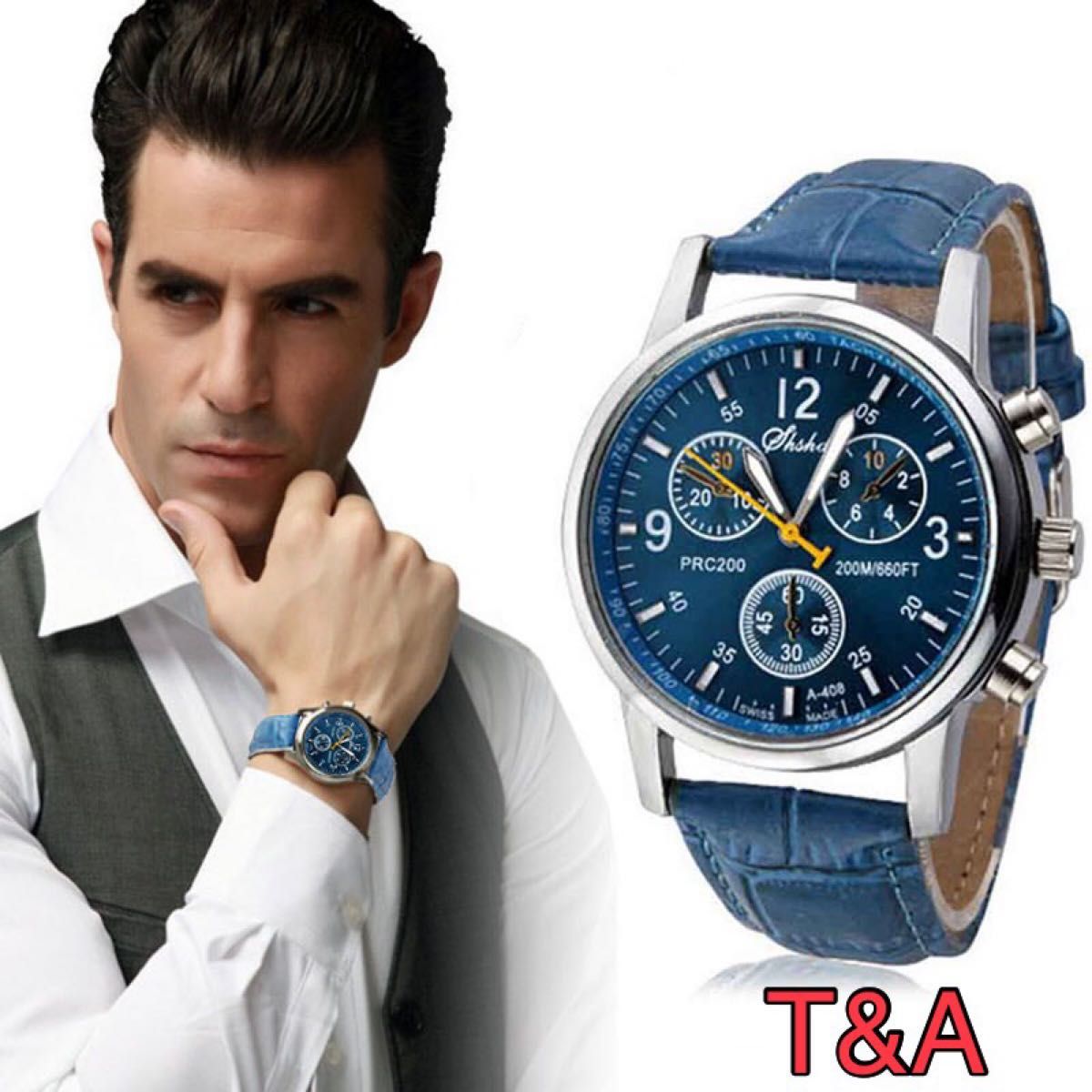 腕時計　時計　メンズ　 高品質　レザーベルト　レザー　革　ベルト アナログ　クォーツ　ウォッチ 軽量 ブラック ブラウン ブルー