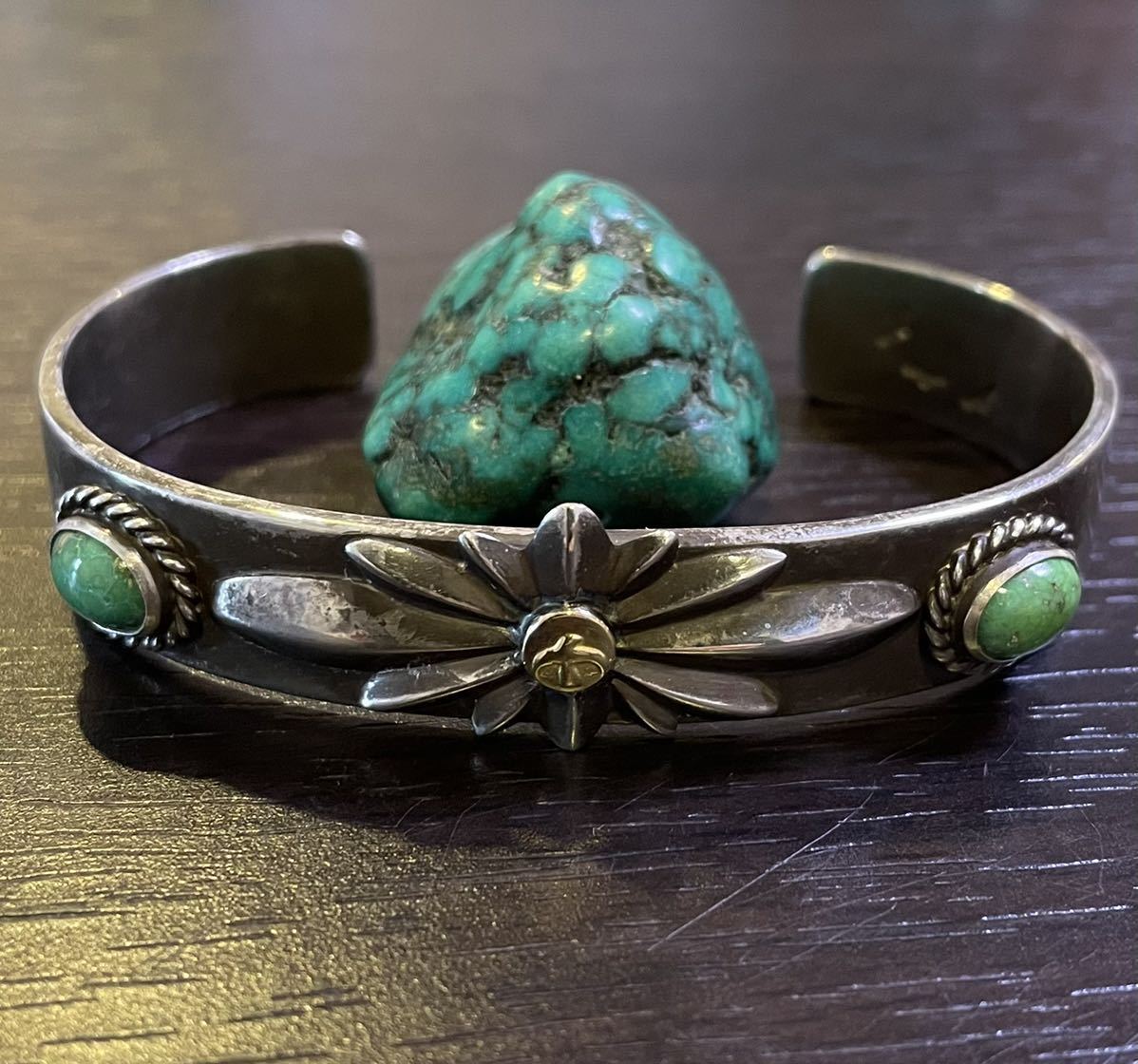 [ ultra rare * Eagle stamp 3. attaching ]* real 18K metal * Old * Goro's * special order bangle * green turquoise silver .