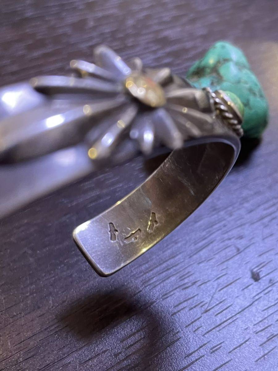 [ ultra rare * Eagle stamp 3. attaching ]* real 18K metal * Old * Goro's * special order bangle * green turquoise silver .