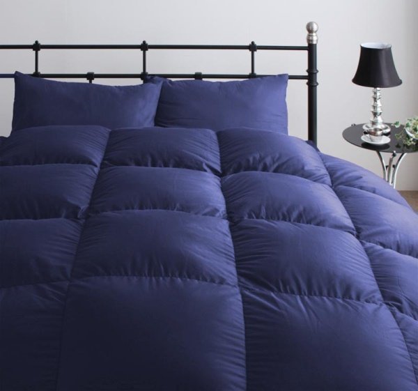 羽毛布団セット ベッド用８点 セミダブルサイズ 色-ミッドナイトブルー /エクセルゴールドラベル 防カビ消臭処理 洗える