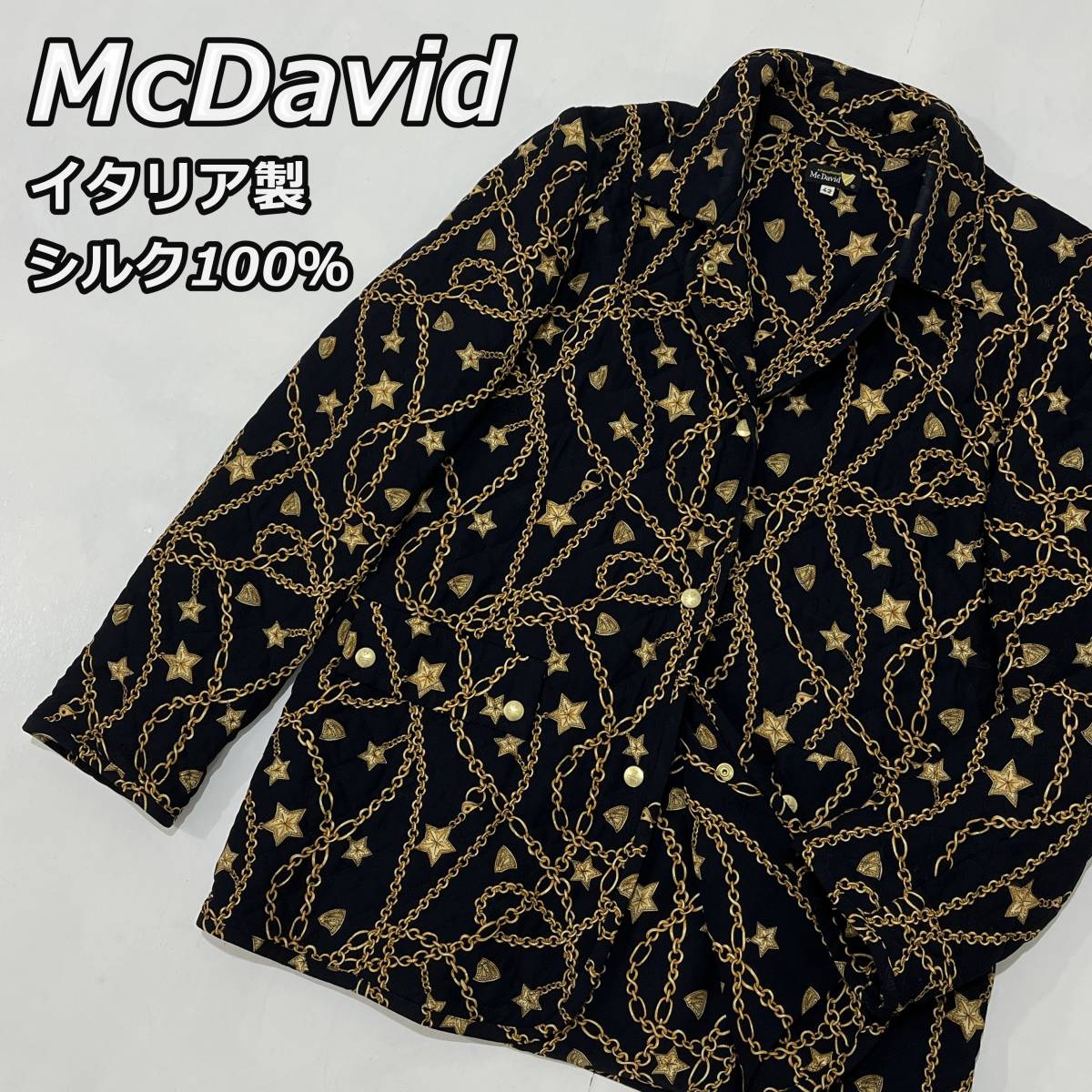 【McDavid】マックデイビッド イタリア製 シルク100％ 鎖 チェーン 総柄 キルティングジャケット 黒 金色 ブラック ゴールド レディース