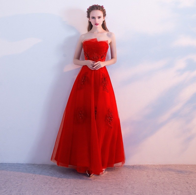 2022新モデルい小さなドレススカート 成人式 同窓会 ドレス 大人 ピアノ 結婚式 演奏会ステージドレス 真っ赤な色 M_画像1